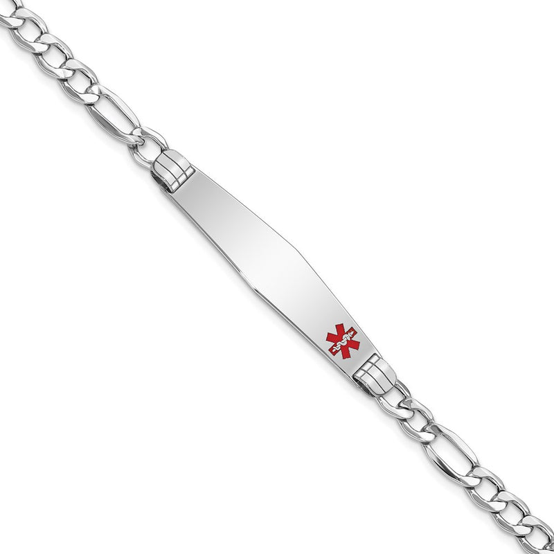 14K White Gold Medical Semi Solid Chain/Solid Plate Soft Diamond Shape 37X9mm Off Center Red Enamel Figaro Link 7 Inch Id Bracelet