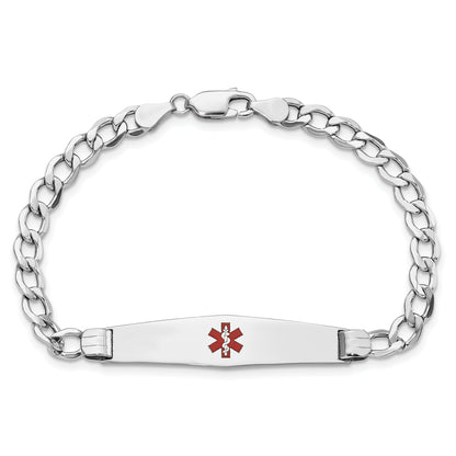 14K White Gold Medical Semi Solid Chain/Solid Plate Soft Diamond Shape 36X9mm Centered Red Enamel Curb Link 7 Inch Id Bracelet
