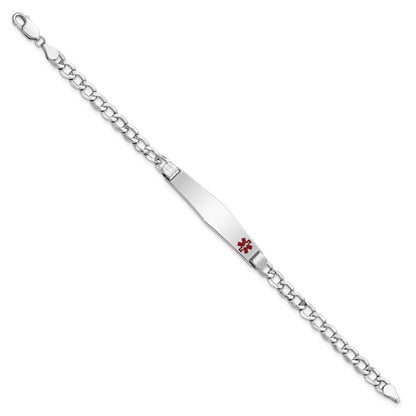 14K White Gold Medical Semi Solid Chain/Solid Plate Soft Diamond Shape 37X9mm Off Center Red Enamel Cuban Link 7 Inch Id Bracelet