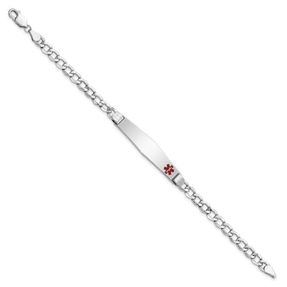 14K White Gold Medical Semi Solid Chain/Solid Plate Soft Diamond Shape 37X9mm Off Center Red Enamel Cuban Link 7 Inch Id Bracelet