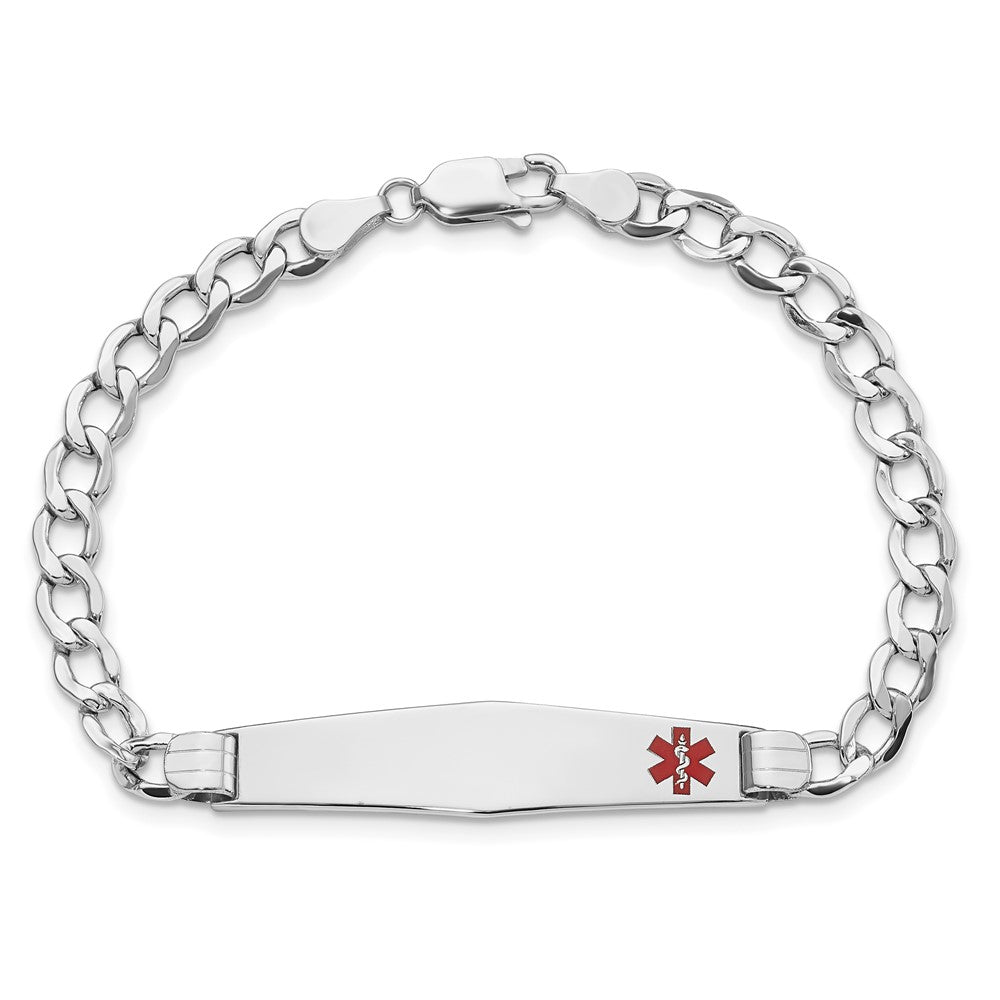 14K White Gold Medical Semi Solid Chain/Solid Plate Soft Diamond Shape 37X9mm Off Center Red Enamel Cuban Link 7 Inch Id Bracelet