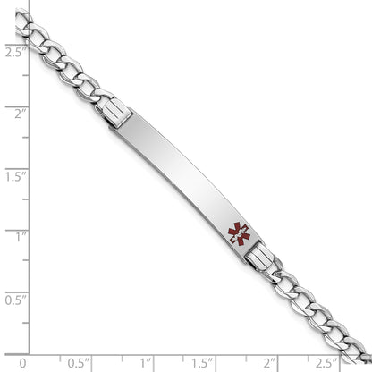 14K White Gold Medical Semi Solid Chain/Solid Plate 37X6mm Off Center Red Enamel Curb Link 7 Inch Id Bracelet