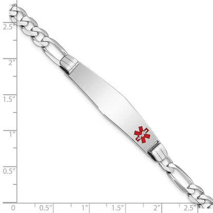 14K White Gold Medical Solid Chain/Solid Plate Soft Diamond Shape 38X9mm Off Center Red Enamel Figaro Link 8 Inch Id Bracelet