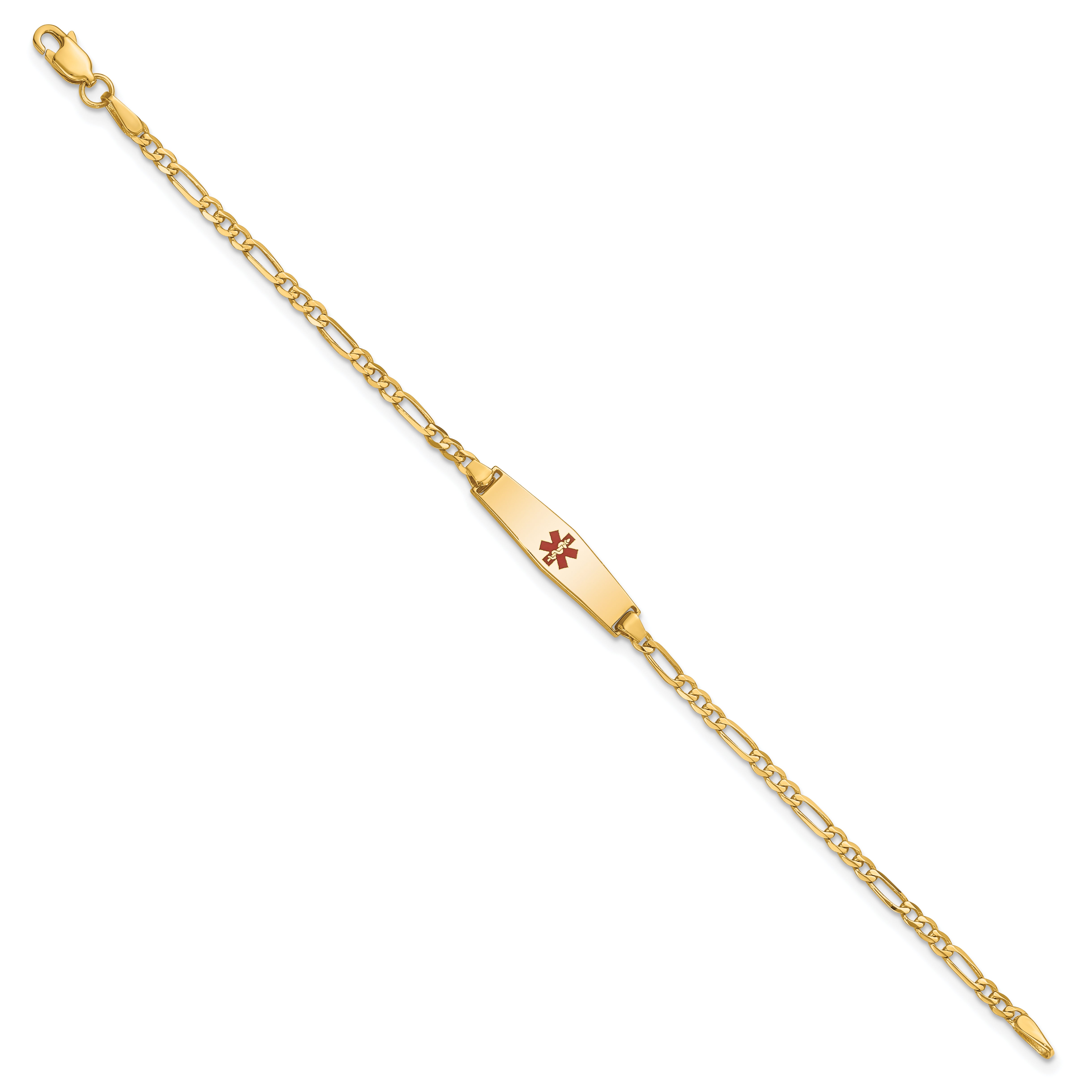 14K Yellow Gold Medical Solid Chain/Solid Plate 20X5mm Soft Diamond Shape Centered Red Enamel Figaro Link 6 Inch Baby/Child Id Bracelet