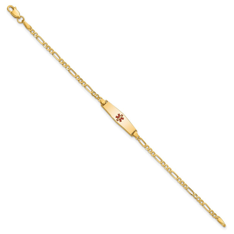 14K Yellow Gold Medical Solid Chain/Solid Plate 20X5mm Soft Diamond Shape Centered Red Enamel Figaro Link 6 Inch Baby/Child Id Bracelet