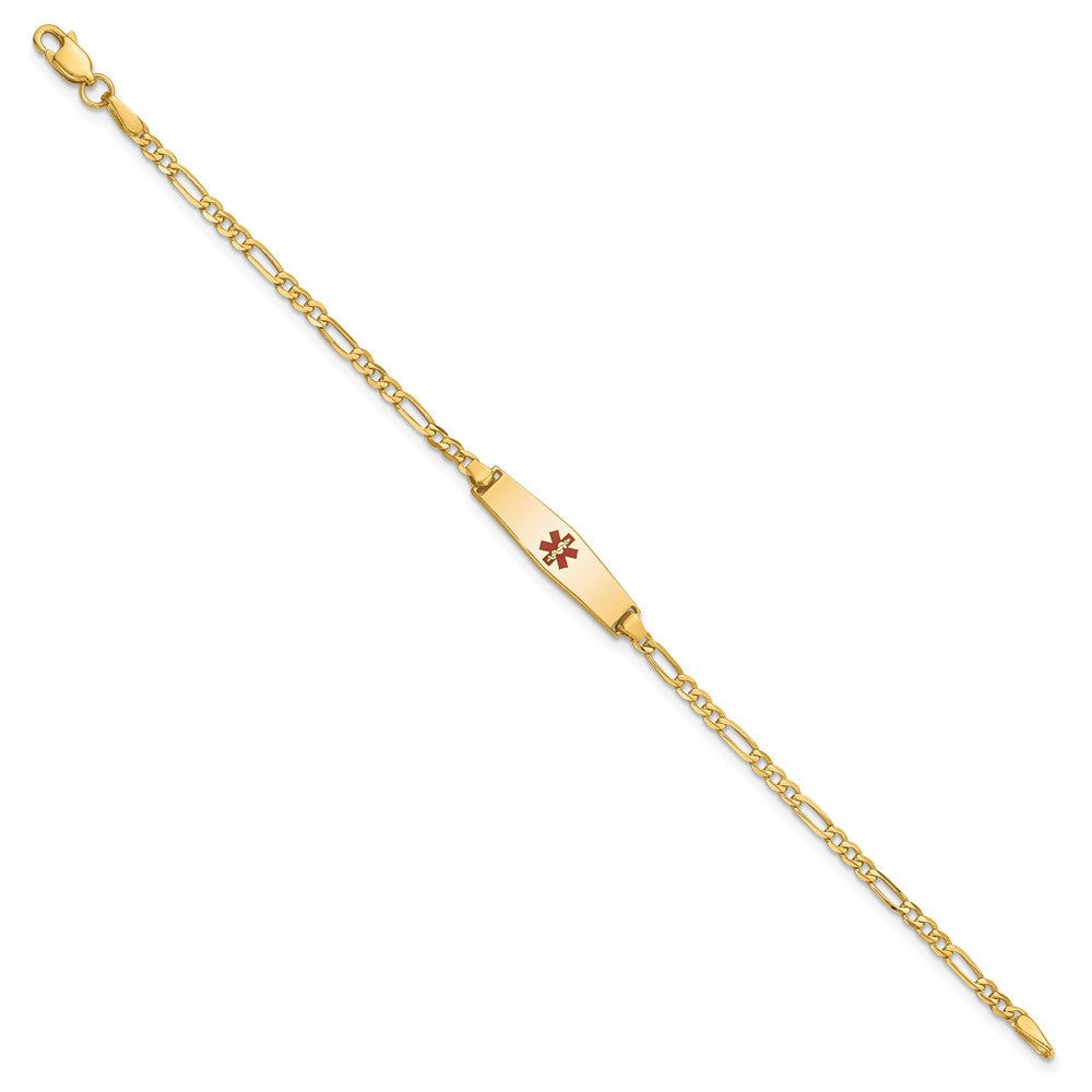 14K Yellow Gold Medical Solid Chain/Solid Plate 20X5mm Soft Diamond Shape Centered Red Enamel Figaro Link 7 Inch Id Bracelet