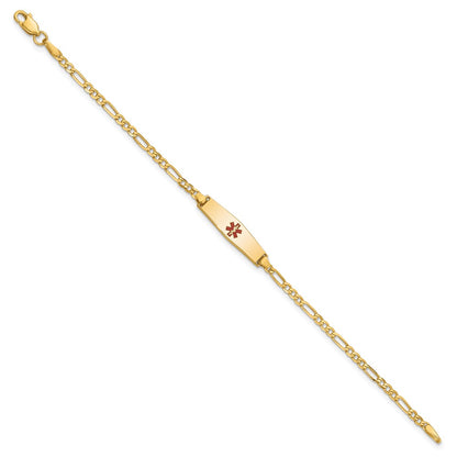14K Yellow Gold Medical Solid Chain/Solid Plate 20X5mm Soft Diamond Shape Centered Red Enamel Figaro Link 7 Inch Id Bracelet