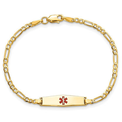 14K Yellow Gold Medical Solid Chain/Solid Plate 20X5mm Soft Diamond Shape Centered Red Enamel Figaro Link 8 Inch Id Bracelet