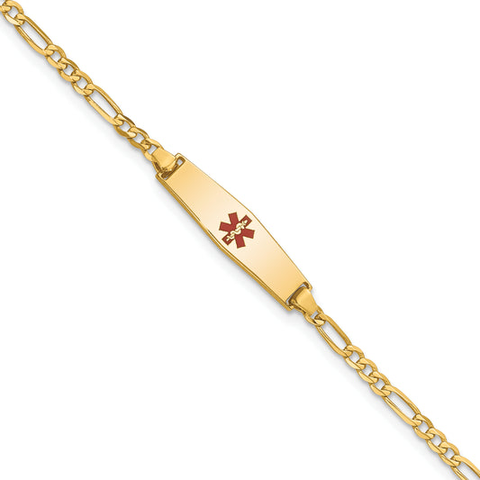 14K Yellow Gold Medical Solid Chain/Solid Plate 20X5mm Soft Diamond Shape Centered Red Enamel Figaro Link 7 Inch Id Bracelet
