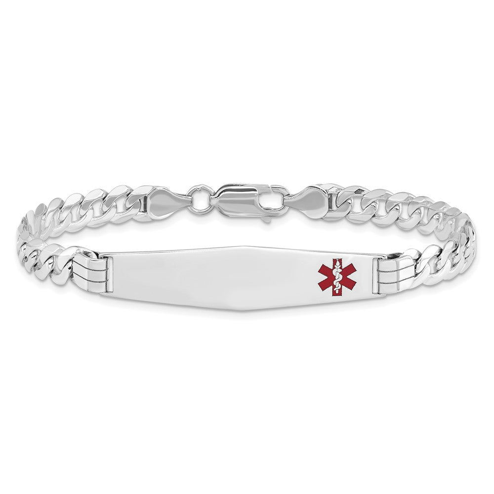 14K White Gold Medical Solid Chain/Solid Plate Soft Diamond Shape 38X9mm Off Center Red Enamel Flat Curb Link 8 Inch Id Bracelet