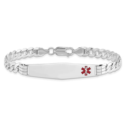 14K White Gold Medical Solid Chain/Solid Plate Soft Diamond Shape 38X9mm Off Center Red Enamel Flat Curb Link 8 Inch Id Bracelet