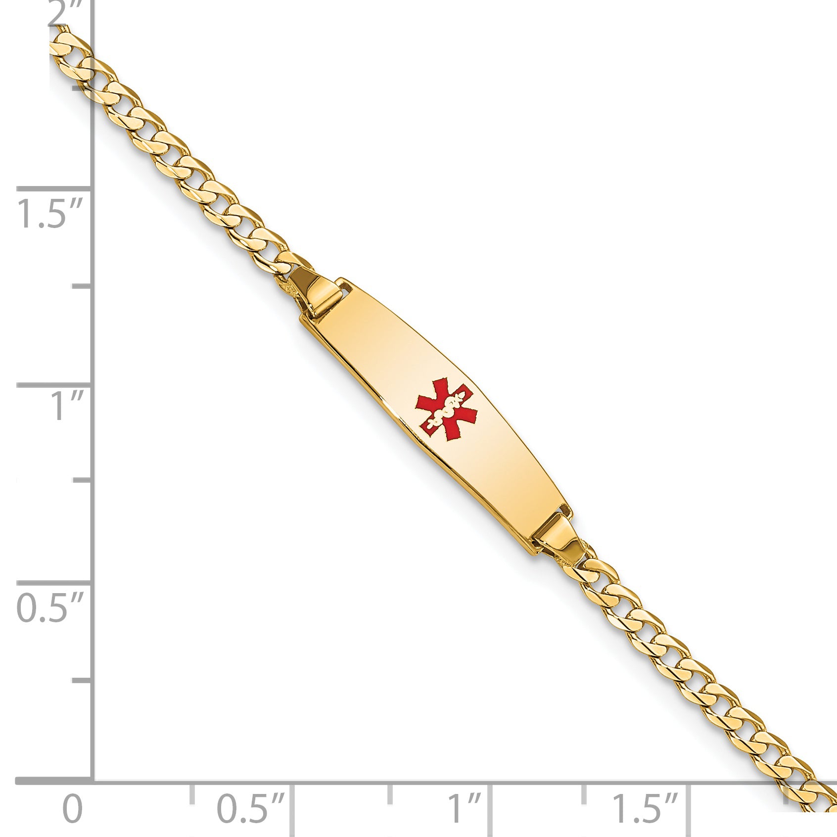 14K Yellow Gold Medical Solid Chain/Solid Plate 20X5mm Soft Diamond Shape Centered Red Enamel Curb Link 7 Inch Id Bracelet