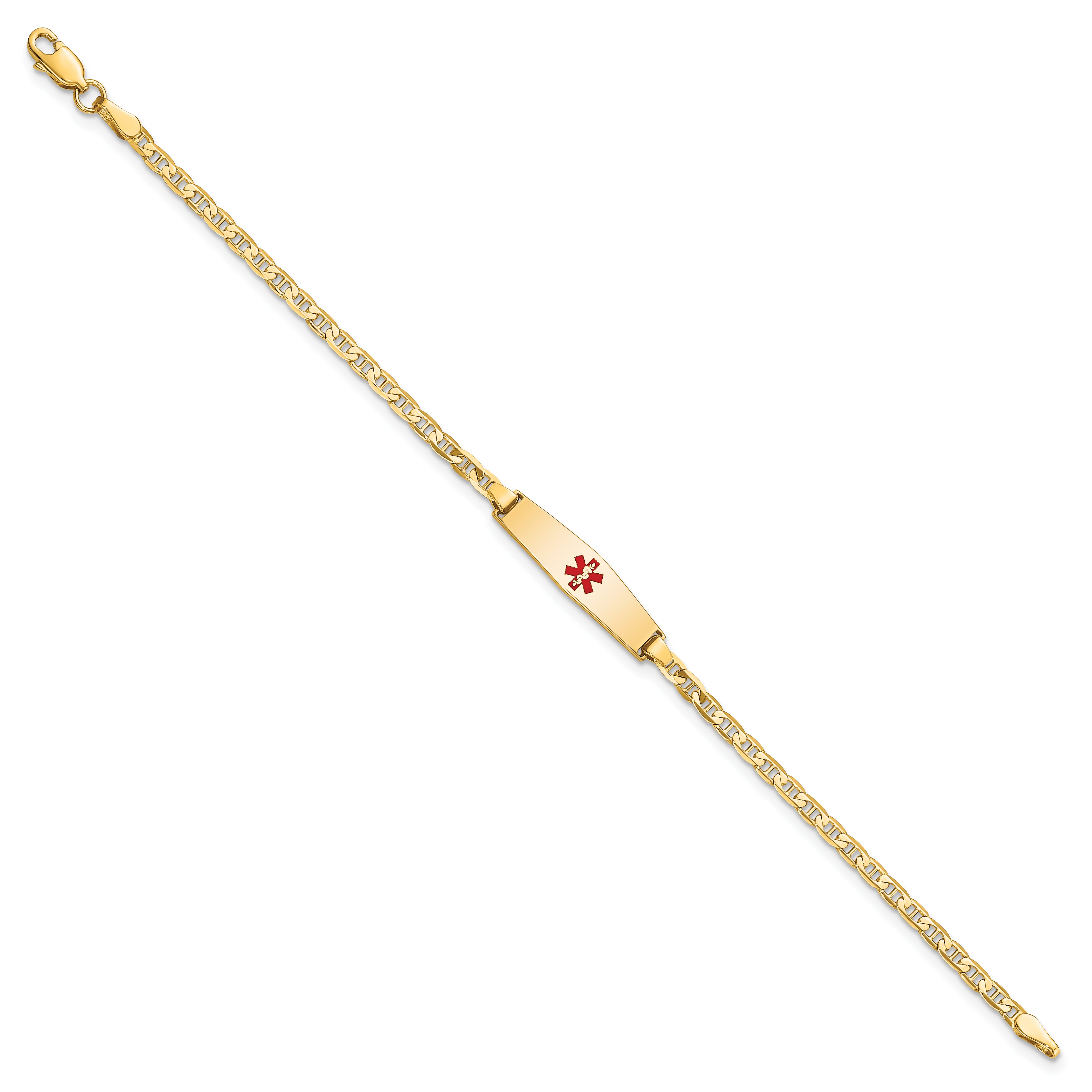 14K Yellow Gold Medical Solid Chain/Solid Plate 20X5mm Soft Diamond Shape Centered Red Enamel Flat Anchor Link 6 Inch Baby/Child Id Bracelet