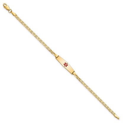 14K Yellow Gold Medical Solid Chain/Solid Plate 20X5mm Soft Diamond Shape Centered Red Enamel Flat Anchor Link 7 Inch Id Bracelet