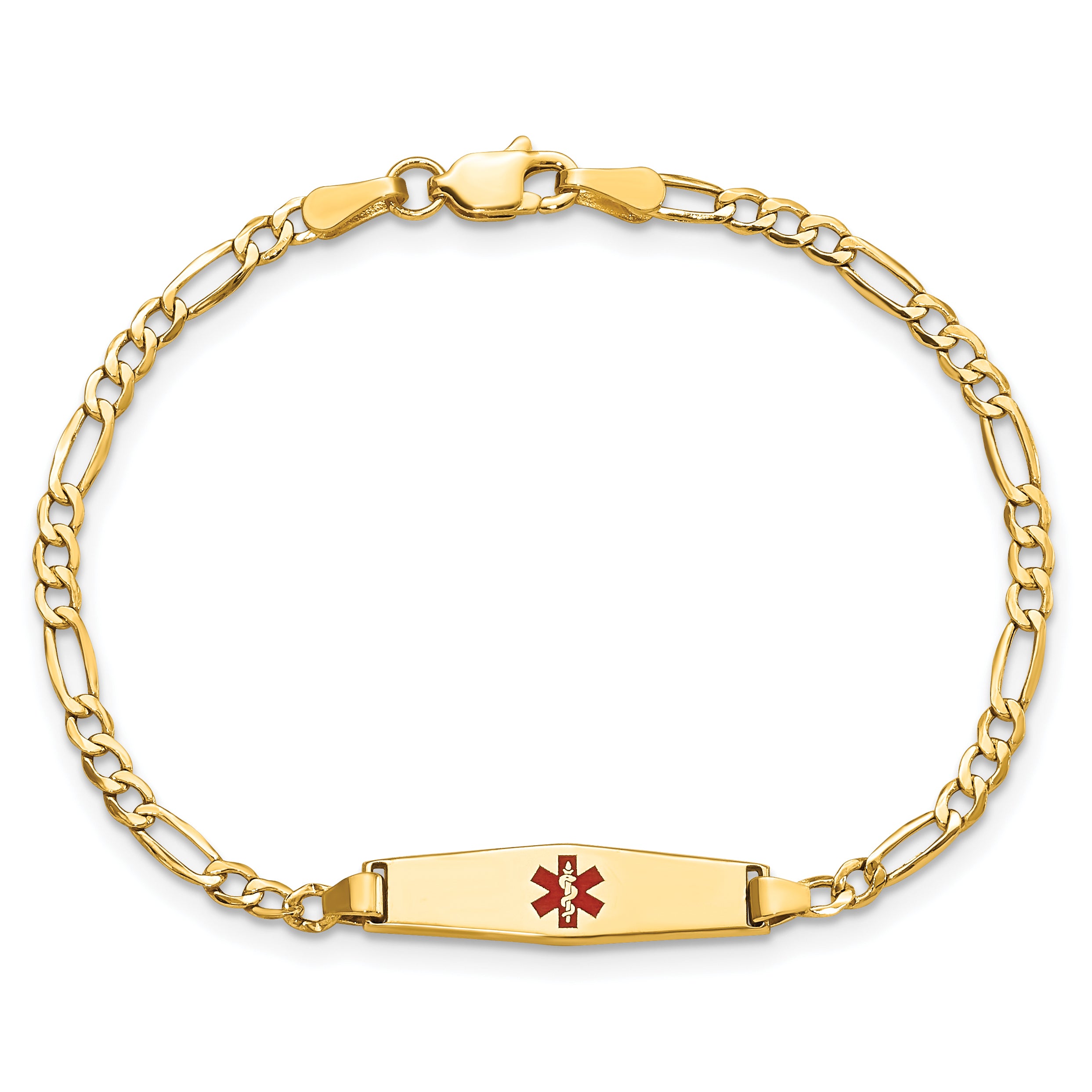 14K Yellow Gold Medical Semi Solid Chain/Solid Plate 20X5mm Soft Diamond Shape Centered Red Enamel Figaro Link 7 Inch Id Bracelet