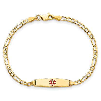 14K Yellow Gold Medical Semi Solid Chain/Solid Plate 20X5mm Soft Diamond Shape Centered Red Enamel Figaro Link 7 Inch Id Bracelet