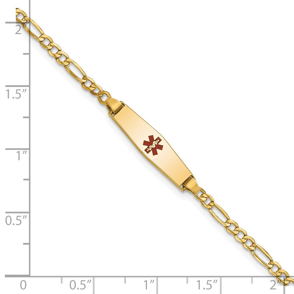 14K Yellow Gold Medical Semi Solid Chain/Solid Plate 20X5mm Soft Diamond Shape Centered Red Enamel Figaro Link 6 Inch Baby/Child Id Bracelet