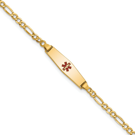 14K Yellow Gold Medical Semi Solid Chain/Solid Plate 20X5mm Soft Diamond Shape Centered Red Enamel Figaro Link 7 Inch Id Bracelet