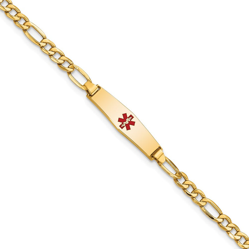 14K Yellow Gold Medical Semi Solid Chain/Solid Plate 20X5mm Soft Diamond Shape Centered Red Enamel Figaro Link 7 Inch Id Bracelet