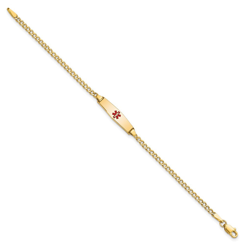 14K Yellow Gold Medical Semi Solid Chain/Solid Plate 20X5mm Soft Diamond Shape Centered Red Enamel Cuban Link 6 Inch Baby/Child Id Bracelet