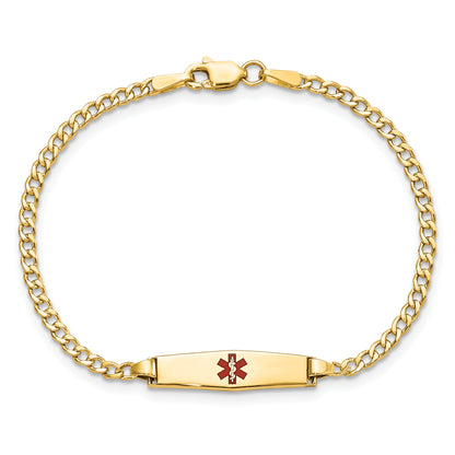 14K Yellow Gold Medical Semi Solid Chain/Solid Plate 20X5mm Soft Diamond Shape Centered Red Enamel Cuban Link 7 Inch Id Bracelet