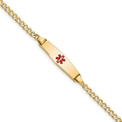 14K Yellow Gold Medical Semi Solid Chain/Solid Plate 20X5mm Soft Diamond Shape Centered Red Enamel Cuban Link 7 Inch Id Bracelet