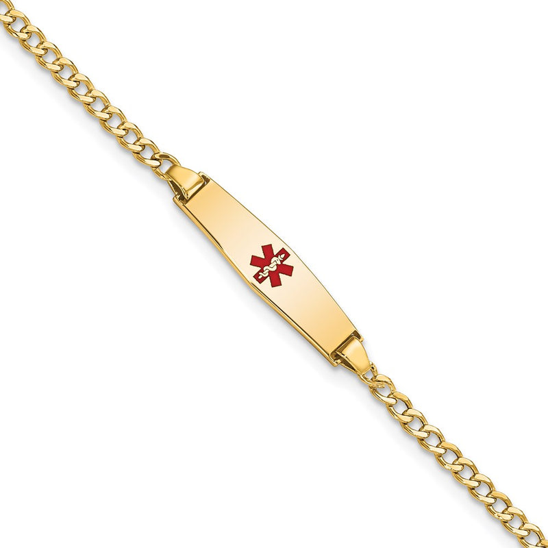 14K Yellow Gold Medical Semi Solid Chain/Solid Plate 20X5mm Soft Diamond Shape Centered Red Enamel Cuban Link 7 Inch Id Bracelet