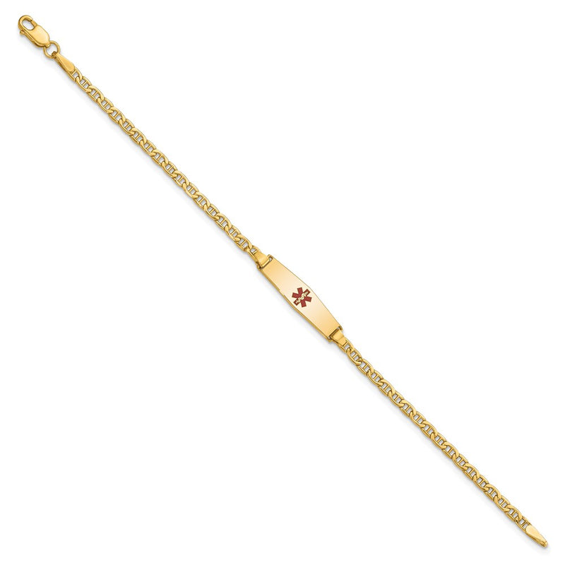 14K Yellow Gold Medical Semi Solid Chain/Solid Plate 20X5mm Soft Diamond Shape Centered Red Enamel Anchor Link 7 Inch Id Bracelet