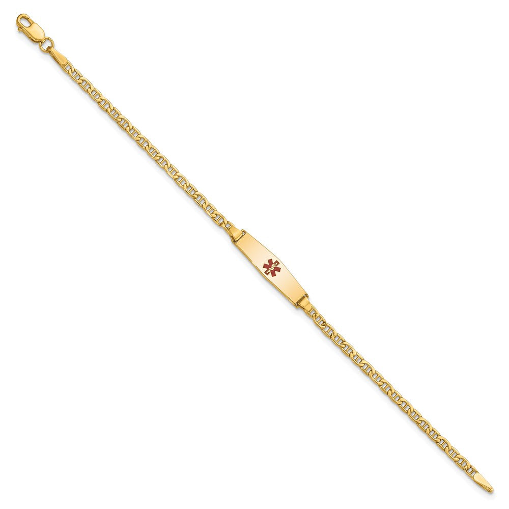 14K Yellow Gold Medical Semi Solid Chain/Solid Plate 20X5mm Soft Diamond Shape Centered Red Enamel Anchor Link 6 Inch Baby/Child Id Bracelet