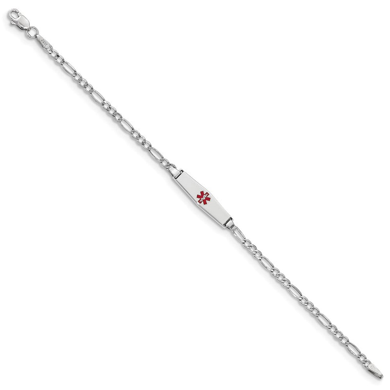 14K White Gold Medical Semi Solid Chain/Solid Plate 20X5mm Soft Diamond Shape Centered Red Enamel Figaro Link 6 Inch Baby/Child Id Bracelet