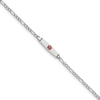 14K White Gold Medical Semi Solid Chain/Solid Plate 20X5mm Soft Diamond Shape Centered Red Enamel Figaro Link 7 Inch Id Bracelet