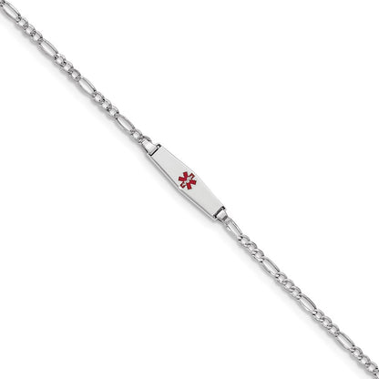 14K White Gold Medical Semi Solid Chain/Solid Plate 20X5mm Soft Diamond Shape Centered Red Enamel Figaro Link 7 Inch Id Bracelet