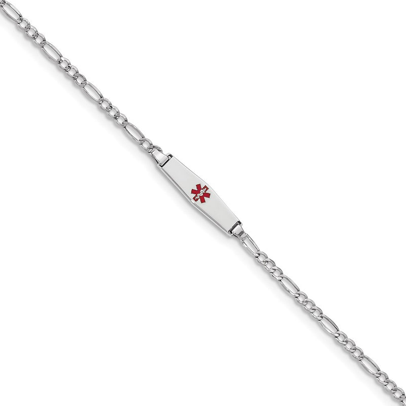 14K White Gold Medical Semi Solid Chain/Solid Plate 20X5mm Soft Diamond Shape Centered Red Enamel Figaro Link 7 Inch Id Bracelet