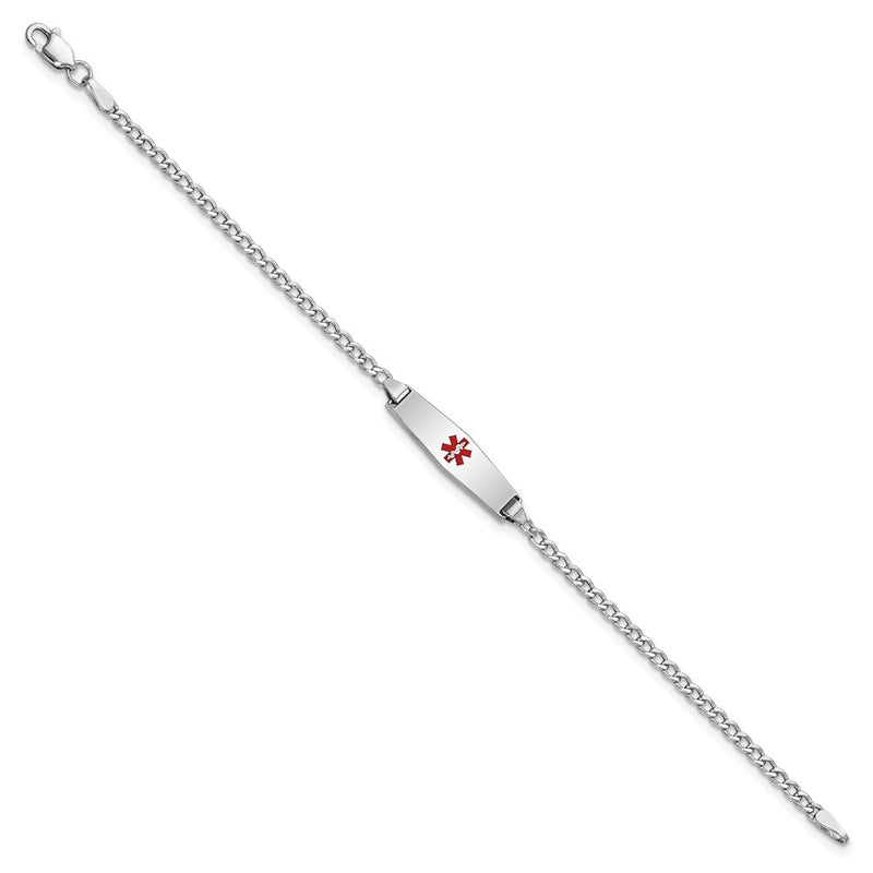 14K White Gold Medical Semi Solid Chain/Solid Plate 20X5mm Soft Diamond Shape Centered Red Enamel Cuban Link 7 Inch Id Bracelet