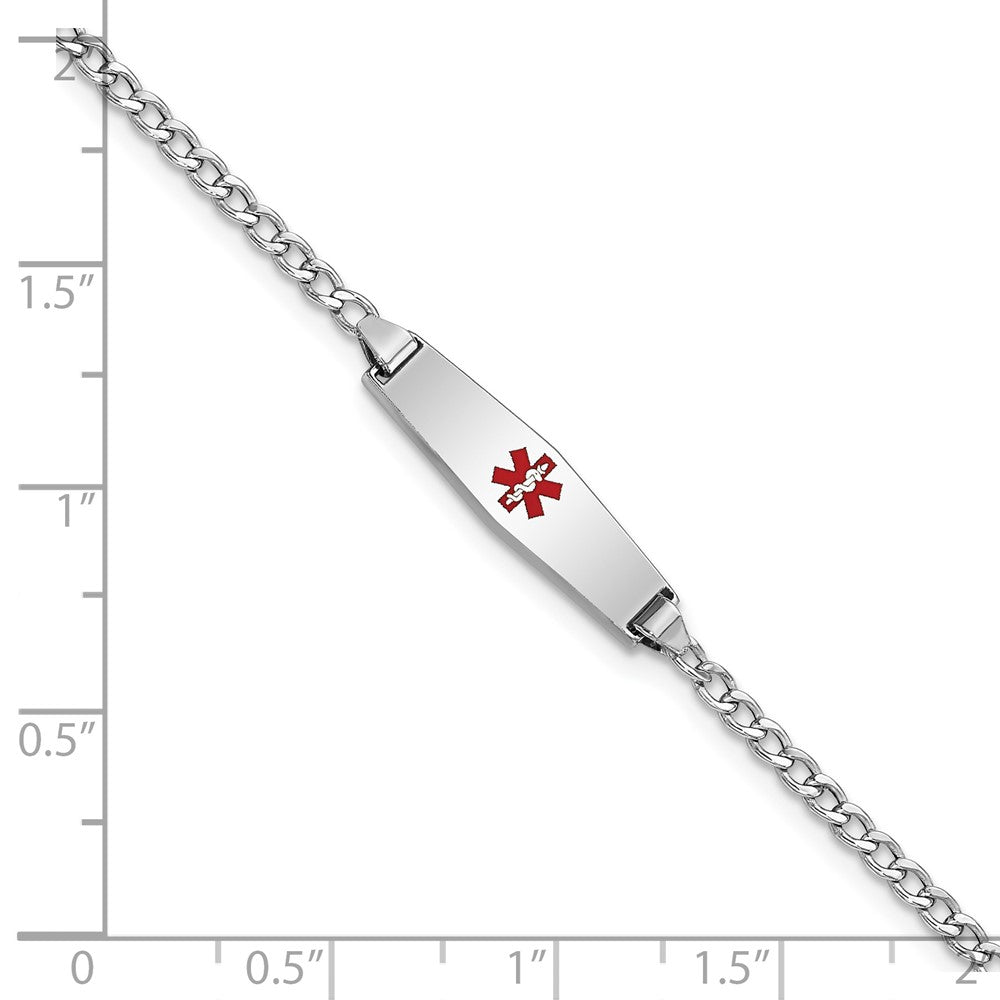 14K White Gold Medical Semi Solid Chain/Solid Plate 20X5mm Soft Diamond Shape Centered Red Enamel Cuban Link 6 Inch Baby/Child Id Bracelet