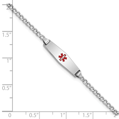 14K White Gold Medical Semi Solid Chain/Solid Plate 20X5mm Soft Diamond Shape Centered Red Enamel Cuban Link 7 Inch Id Bracelet