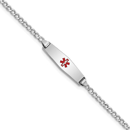 14K White Gold Medical Semi Solid Chain/Solid Plate 20X5mm Soft Diamond Shape Centered Red Enamel Cuban Link 7 Inch Id Bracelet