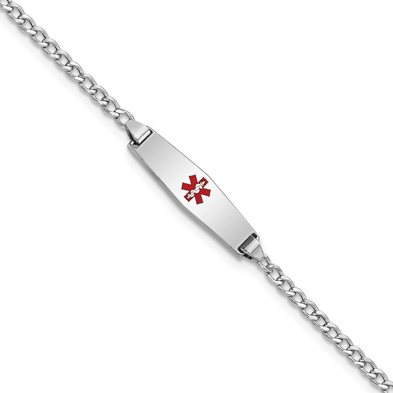 14K White Gold Medical Semi Solid Chain/Solid Plate 20X5mm Soft Diamond Shape Centered Red Enamel Cuban Link 7 Inch Id Bracelet