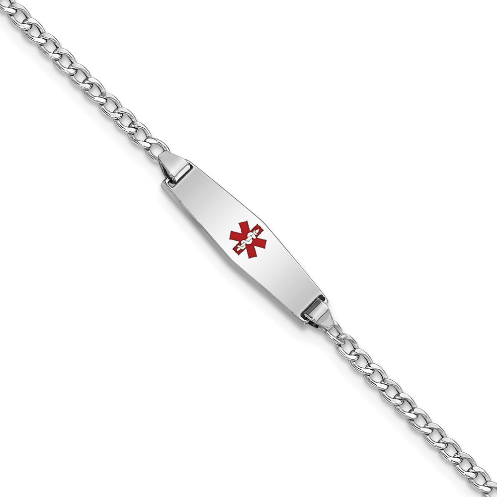 14K White Gold Medical Semi Solid Chain/Solid Plate 20X5mm Soft Diamond Shape Centered Red Enamel Cuban Link 6 Inch Baby/Child Id Bracelet