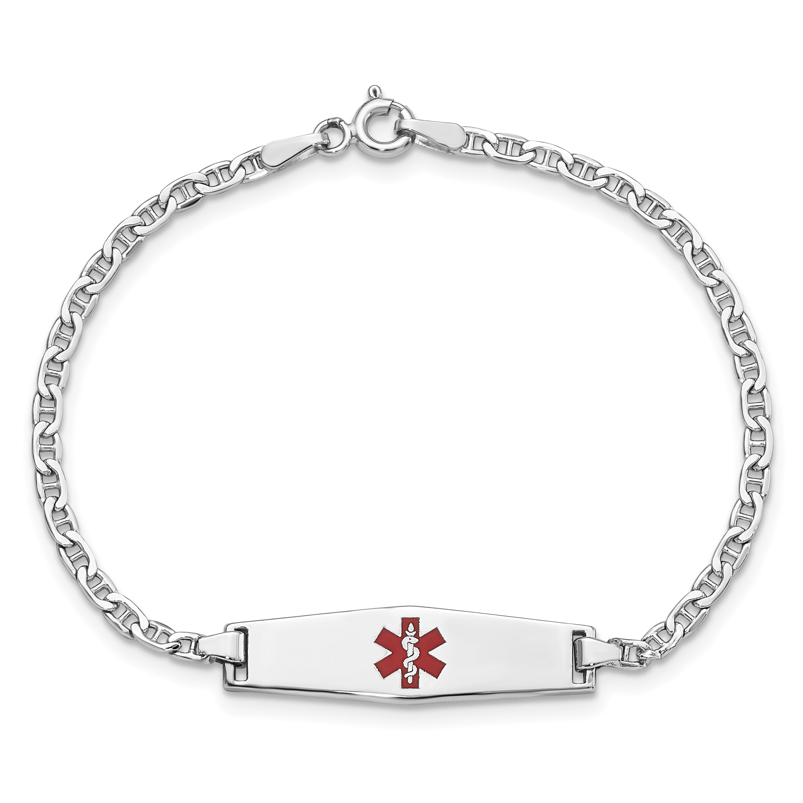14K White Gold Medical Semi Solid Chain/Solid Plate 25X7mm Soft Diamond Shape Centered Red Enamel Anchor Link 7 Inch Id Bracelet