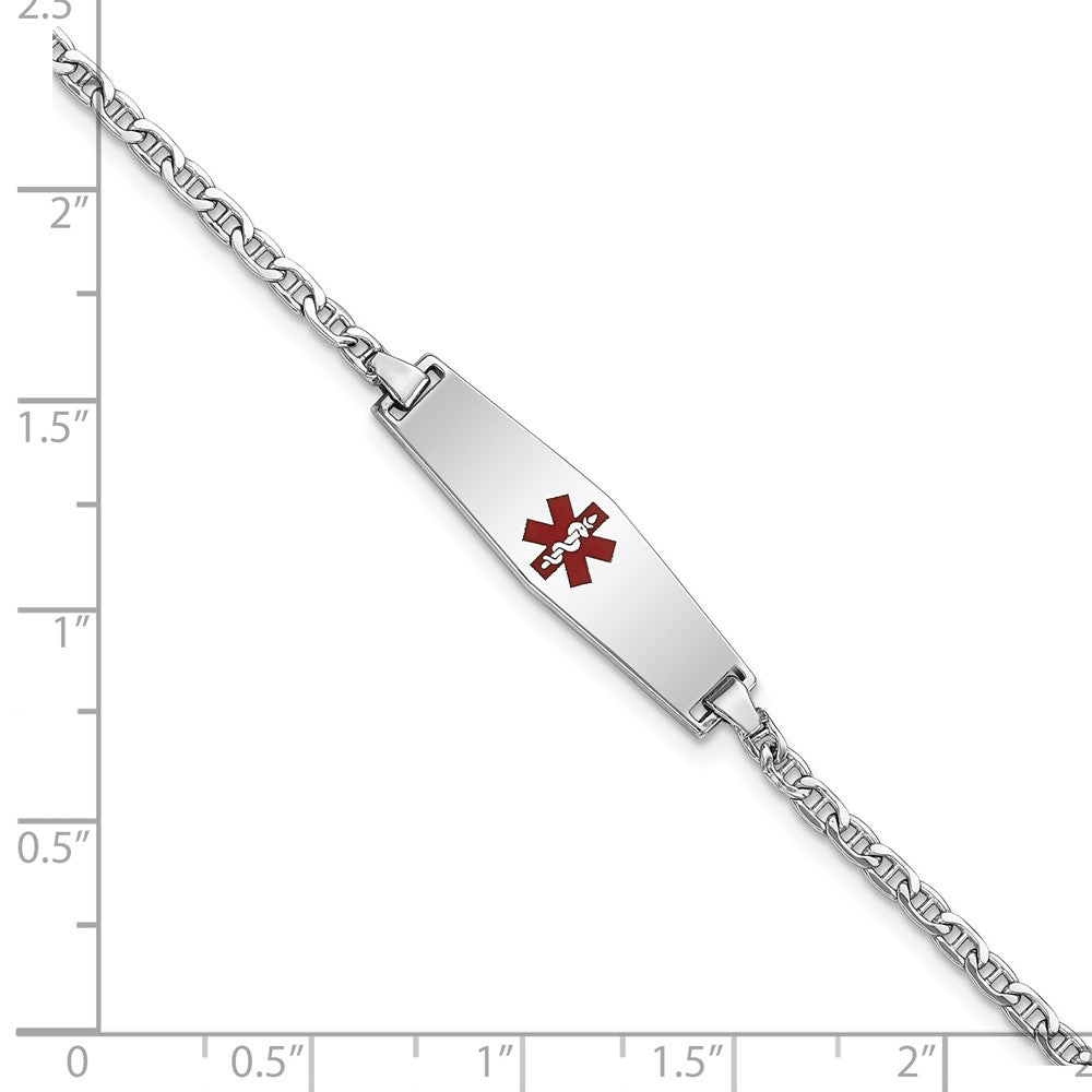 14K White Gold Medical Semi Solid Chain/Solid Plate 25X7mm Soft Diamond Shape Centered Red Enamel Anchor Link 7 Inch Id Bracelet