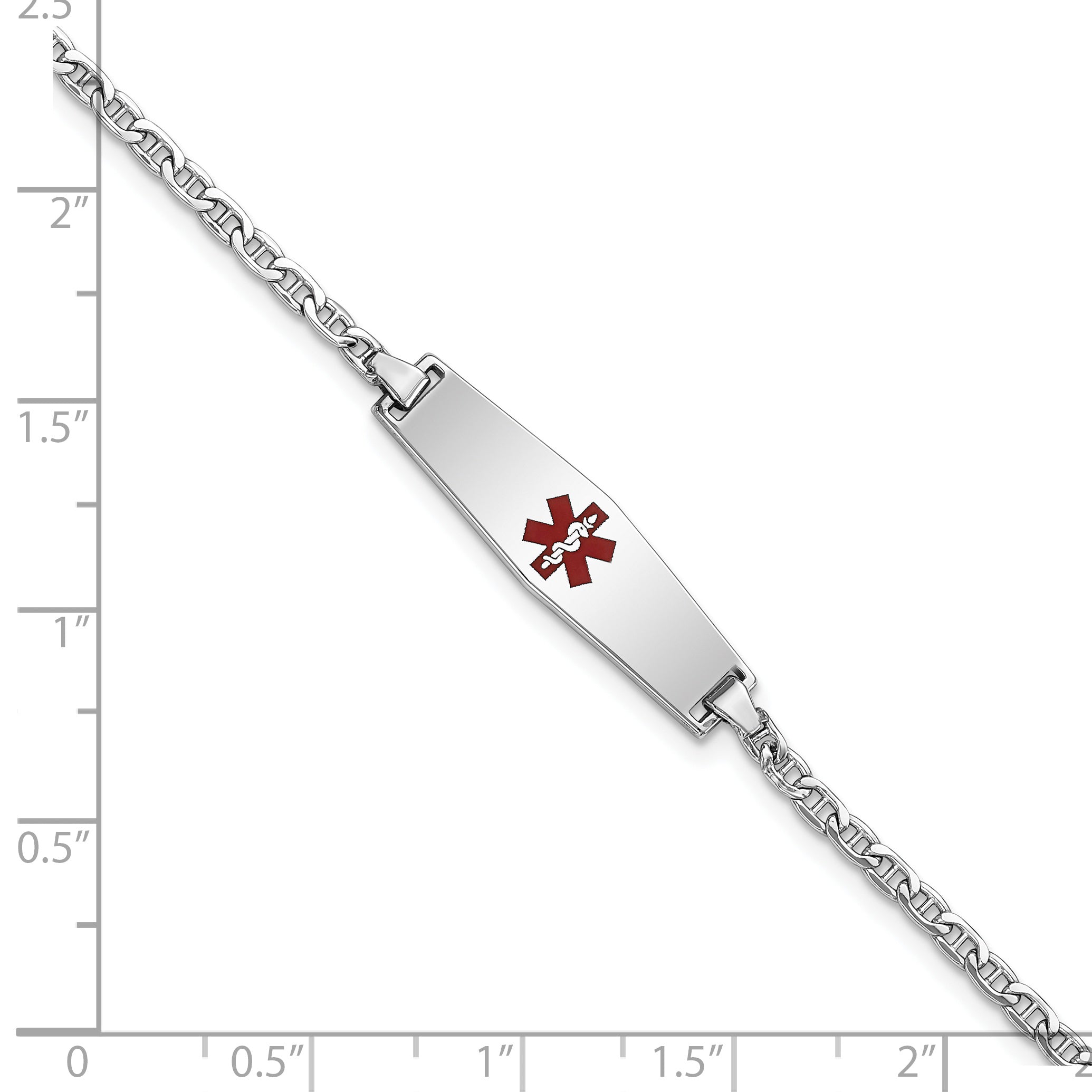 14K White Gold Medical Semi Solid Chain/Solid Plate 25X7mm Soft Diamond Shape Centered Red Enamel Anchor Link 7 Inch Id Bracelet
