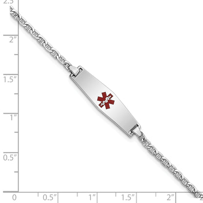 14K White Gold Medical Semi Solid Chain/Solid Plate 25X7mm Soft Diamond Shape Centered Red Enamel Anchor Link 7 Inch Id Bracelet