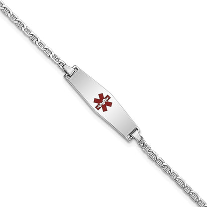 14K White Gold Medical Semi Solid Chain/Solid Plate 25X7mm Soft Diamond Shape Centered Red Enamel Anchor Link 7 Inch Id Bracelet