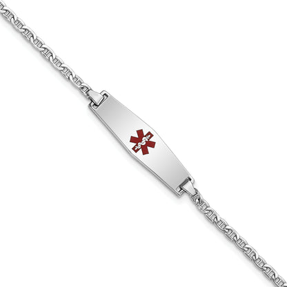 14K White Gold Medical Semi Solid Chain/Solid Plate 25X7mm Soft Diamond Shape Centered Red Enamel Anchor Link 7 Inch Id Bracelet