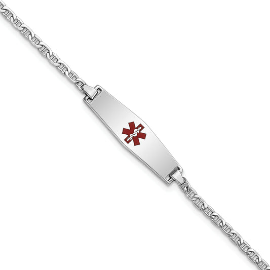 14K White Gold Medical Semi Solid Chain/Solid Plate 25X7mm Soft Diamond Shape Centered Red Enamel Anchor Link 7 Inch Id Bracelet