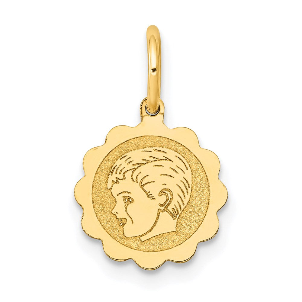 14k Yellow Gold 14k Boy Head on .009 Gauge Engravable Scalloped Disc Charm