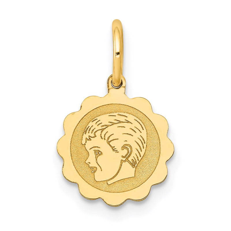 14k Yellow Gold 14k Boy Head on .009 Gauge Engravable Scalloped Disc Charm
