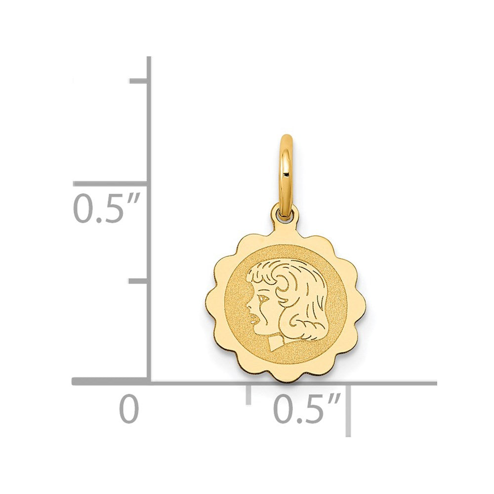 14K Yellow Gold Girl Head On .009 Gauge Engravable Scalloped Disc Charm