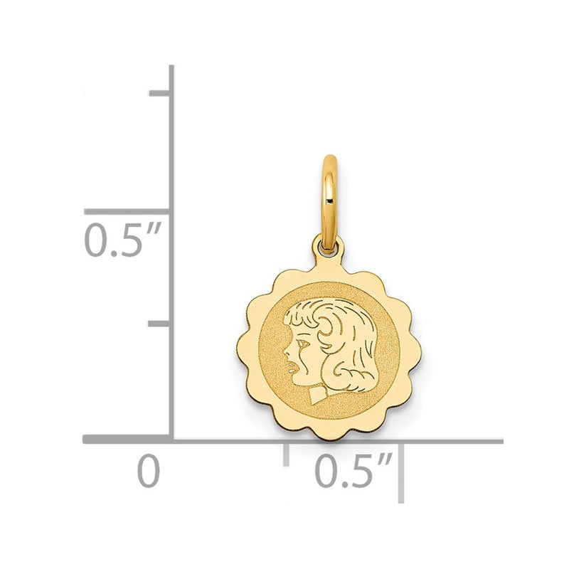 14K Yellow Gold Girl Head On .009 Gauge Engravable Scalloped Disc Charm